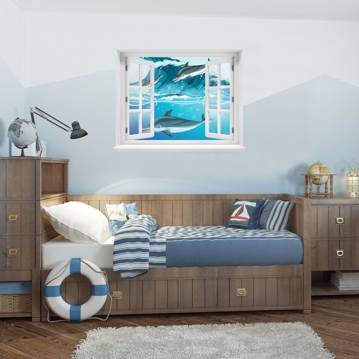 Sticker mural 3D dauphins dans la mer, vague, eau, enfants - Wall Decal M1225