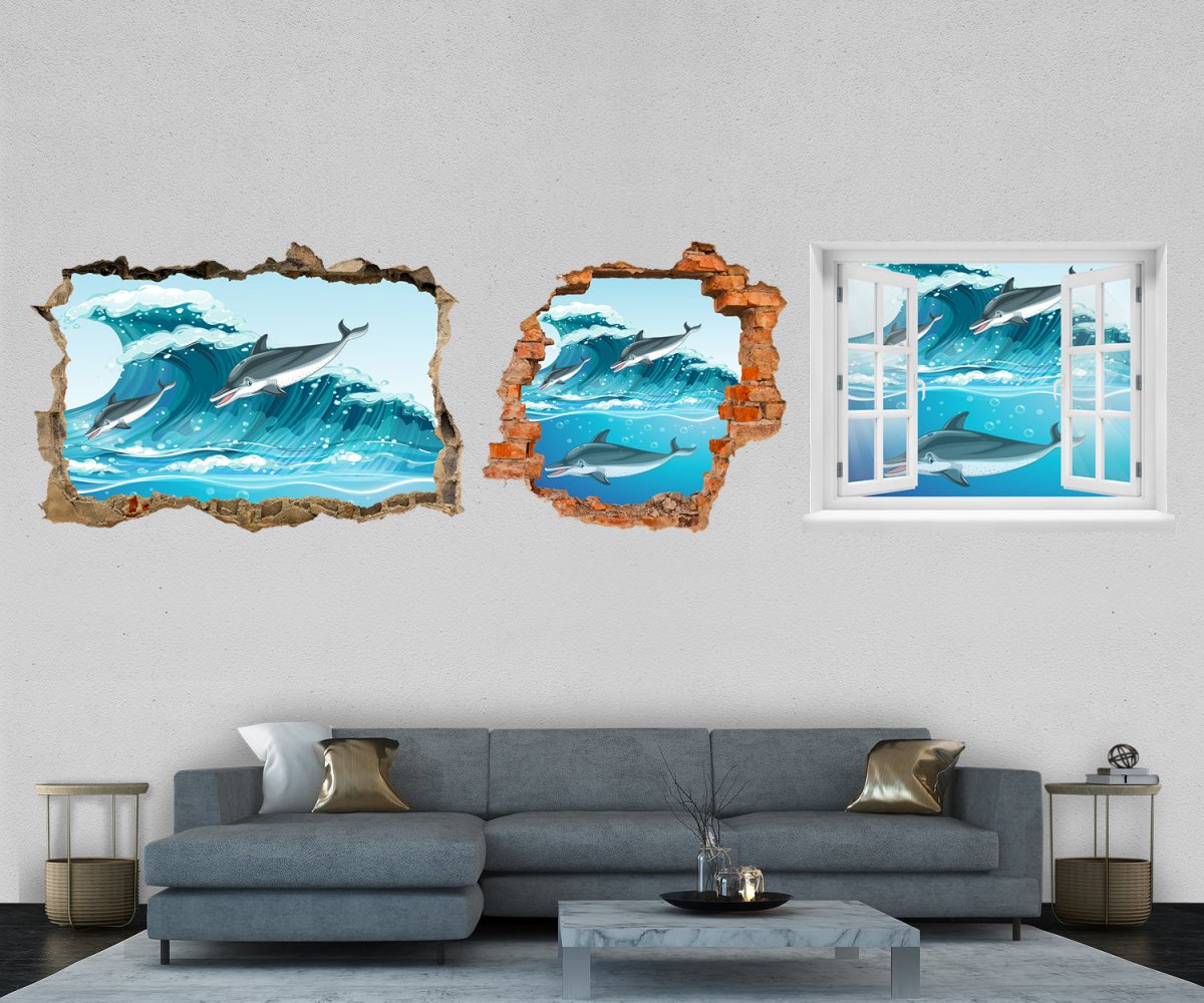 3D-Wandtattoo Delfine im Meer, Welle, Wasser, Kinder entdecken - Wandsticker M1225 - Bild 1