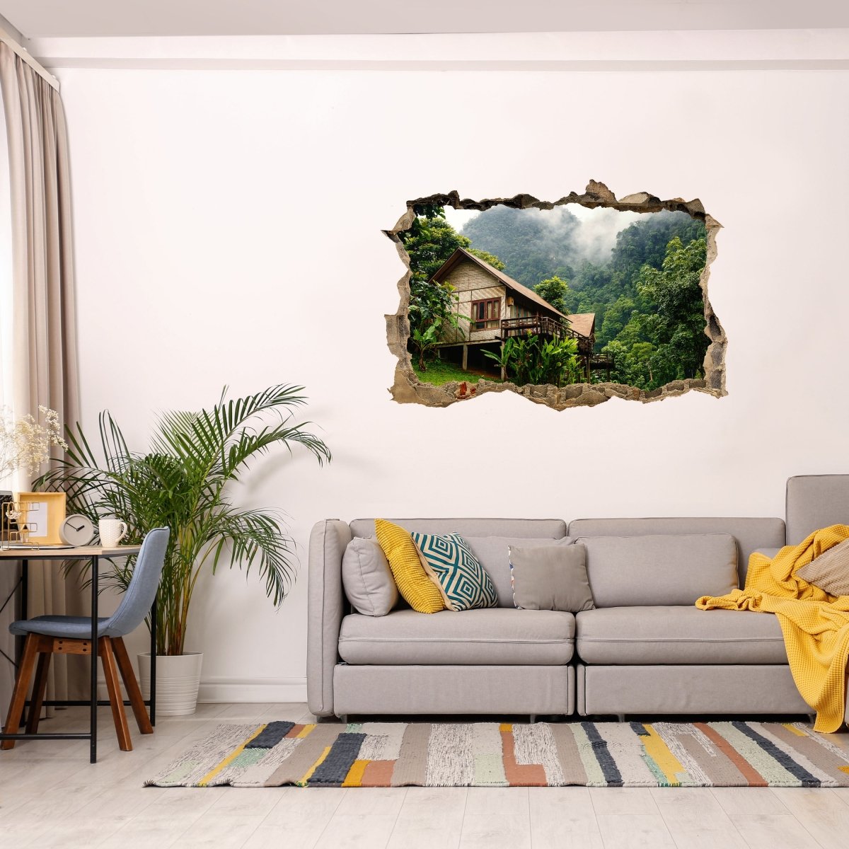 Sticker mural 3D cabane dans les montagnes, jungle, palmiers - Wall Decal M1226