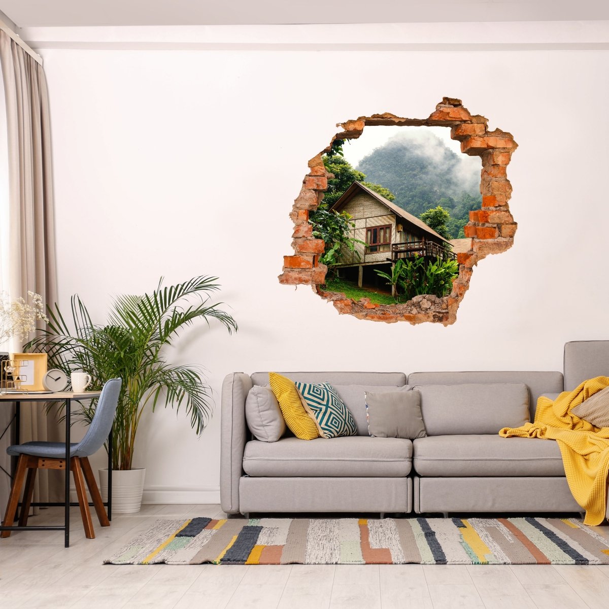 Sticker mural 3D cabane dans les montagnes, jungle, palmiers - Wall Decal M1226