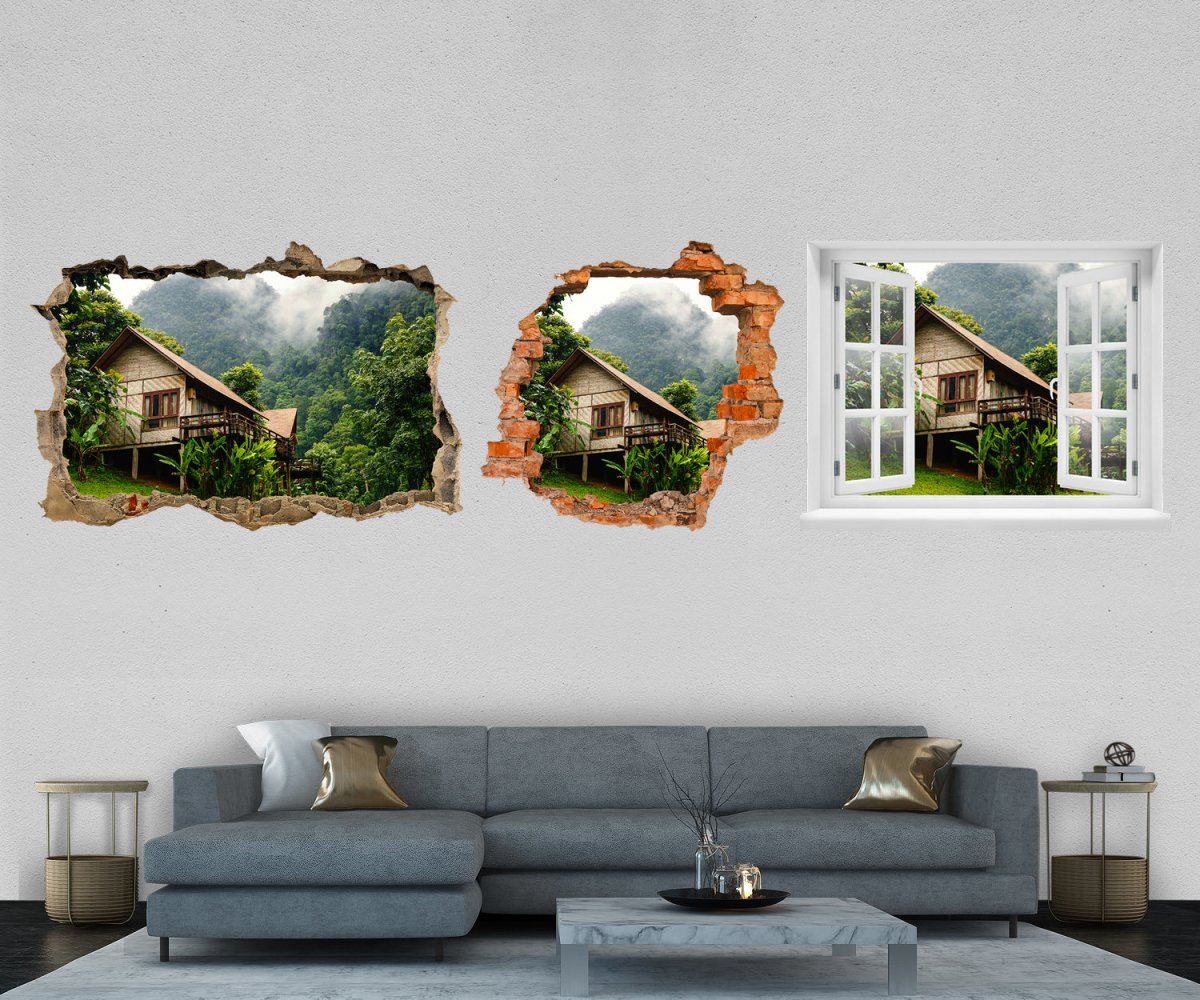3D-Wandtattoo Hütte in den Bergen, Dschungel, Palmen entdecken - Wandsticker M1226 - Bild 1