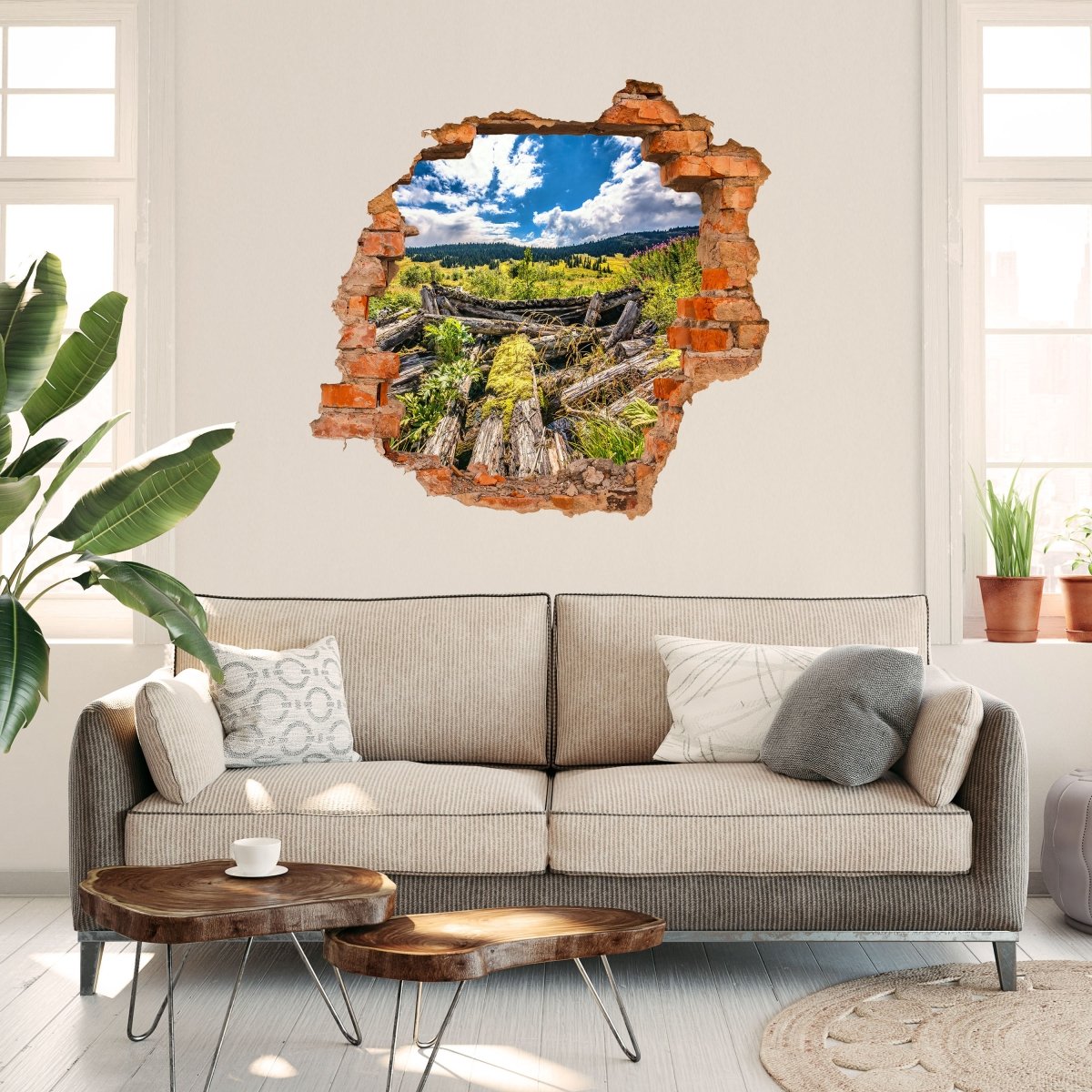 Sticker mural 3D vieux bois sur prairie, ciel, forêt - Sticker mural M1227