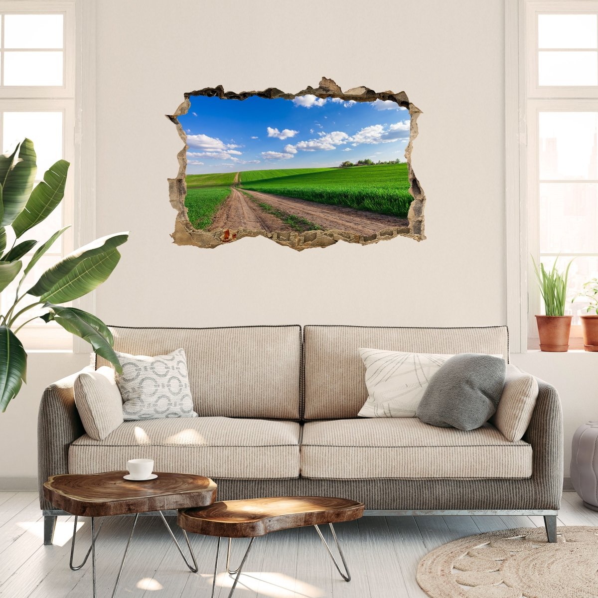 3D wall sticker dirt road in the sun, clouds, field - Wall Decal M1229