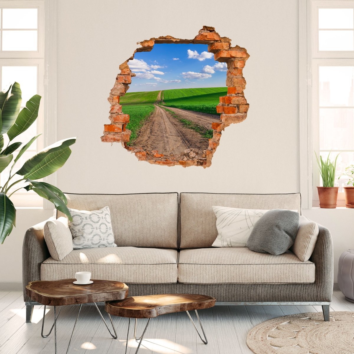 Sticker mural 3D chemin de terre au soleil, nuages, champ - Sticker mural M1229
