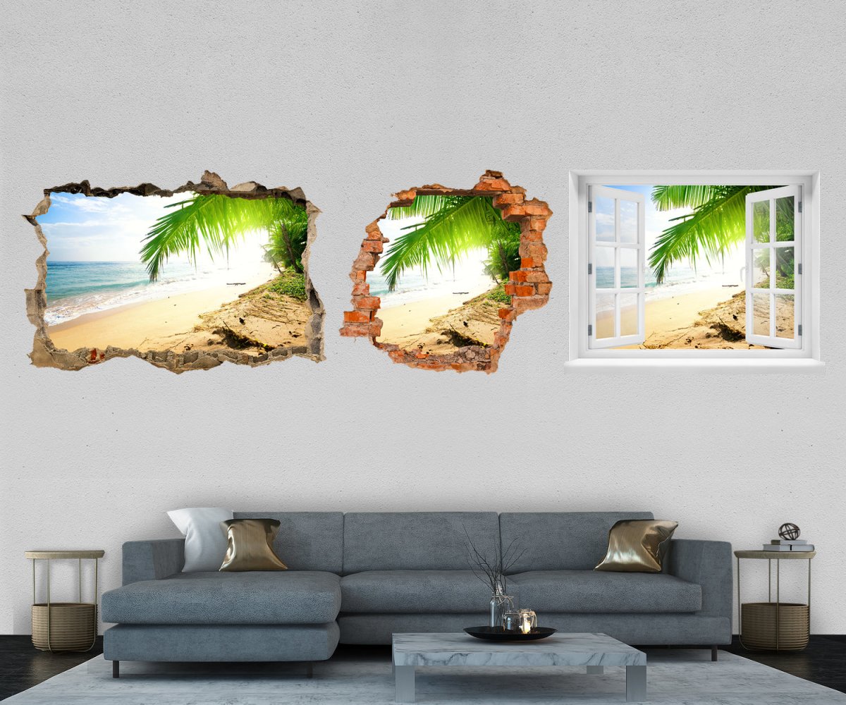 3D-Wandtattoo Strand in der Sonne, Palme, Meer, Sand entdecken - Wandsticker M1232 - Bild 1