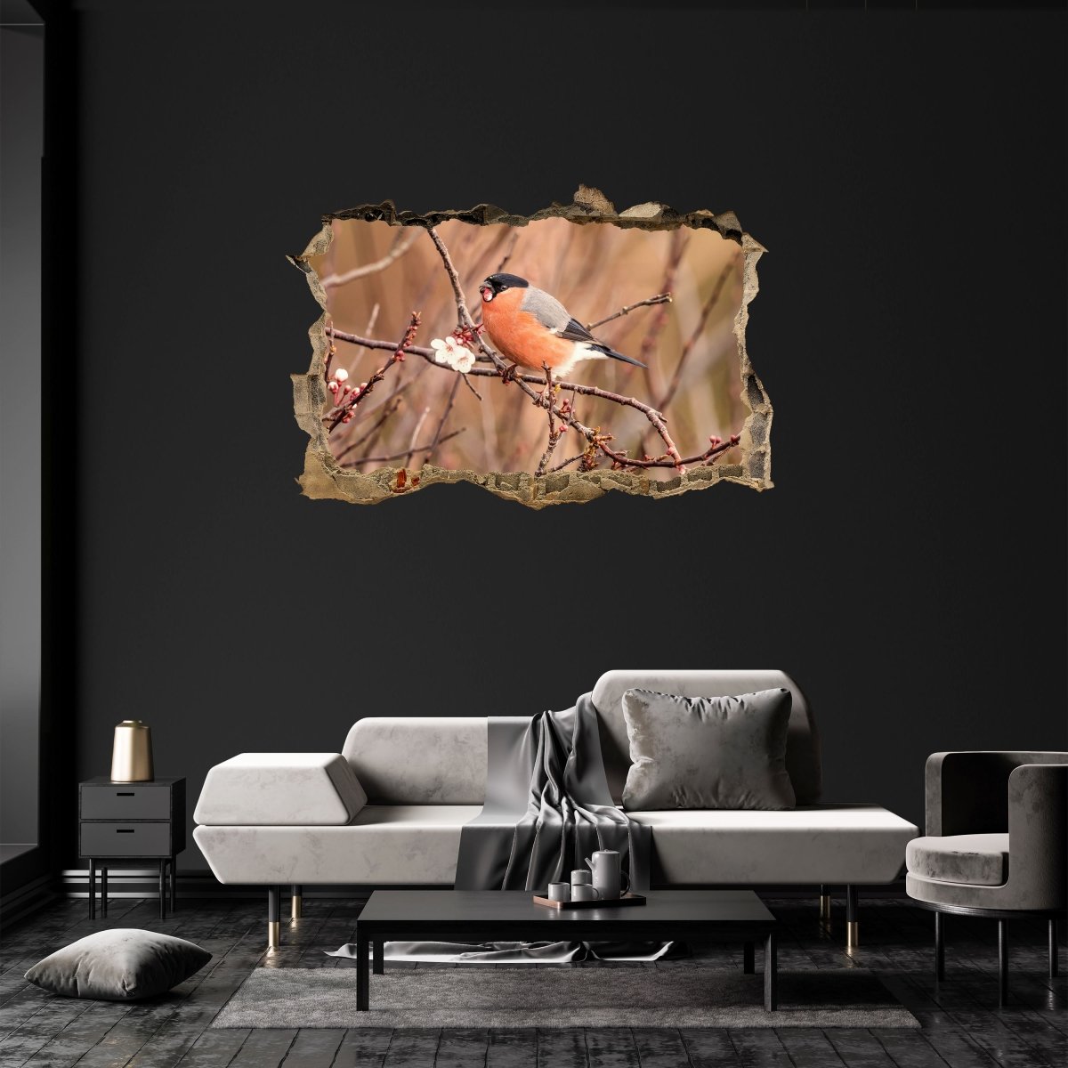 Sticker mural 3D bouvreuil sur branche, arbre, oiseau, animal, fleur - Sticker mural M1239