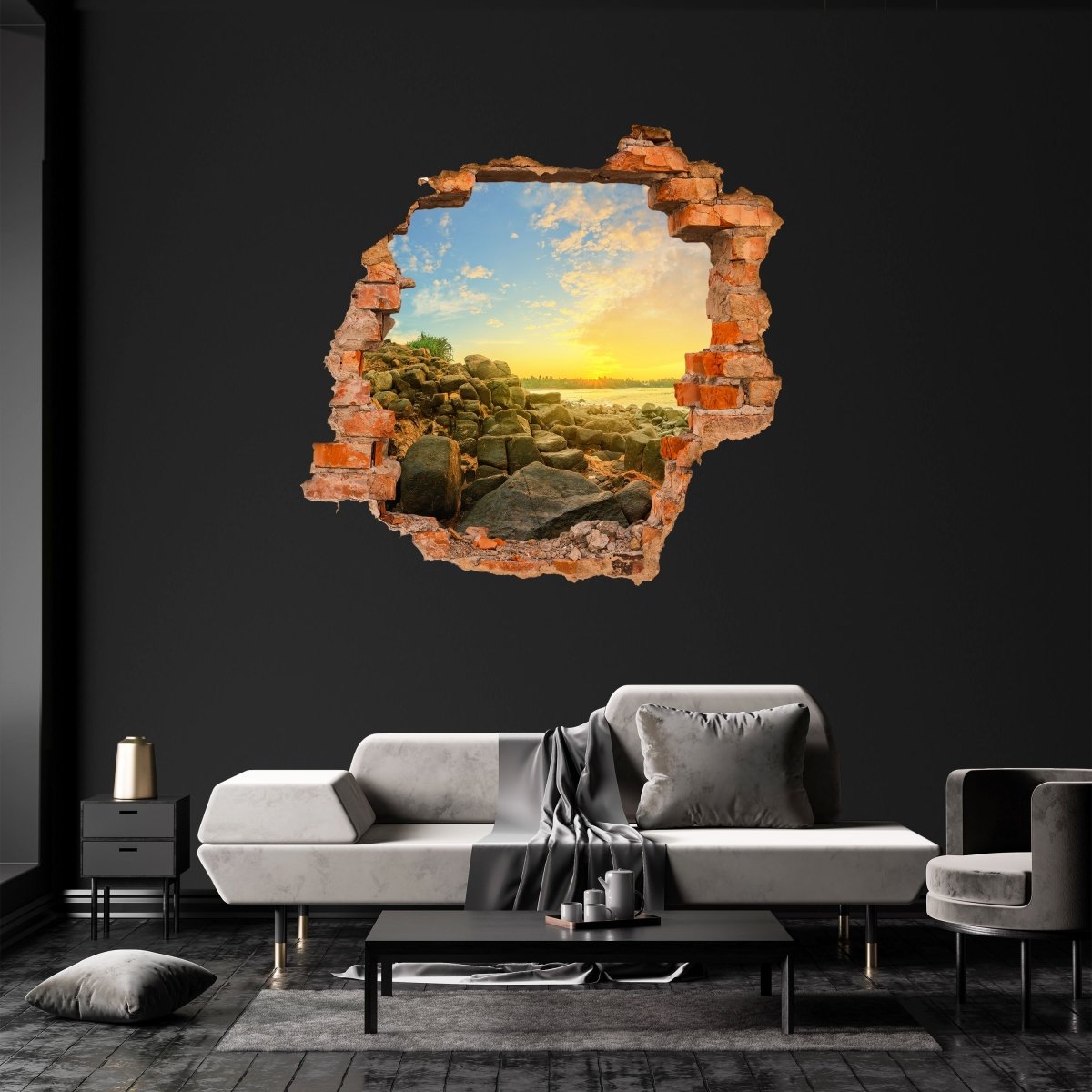 Sticker mural 3D pierres sur côte, mer, rochers, soleil - sticker mural M1241