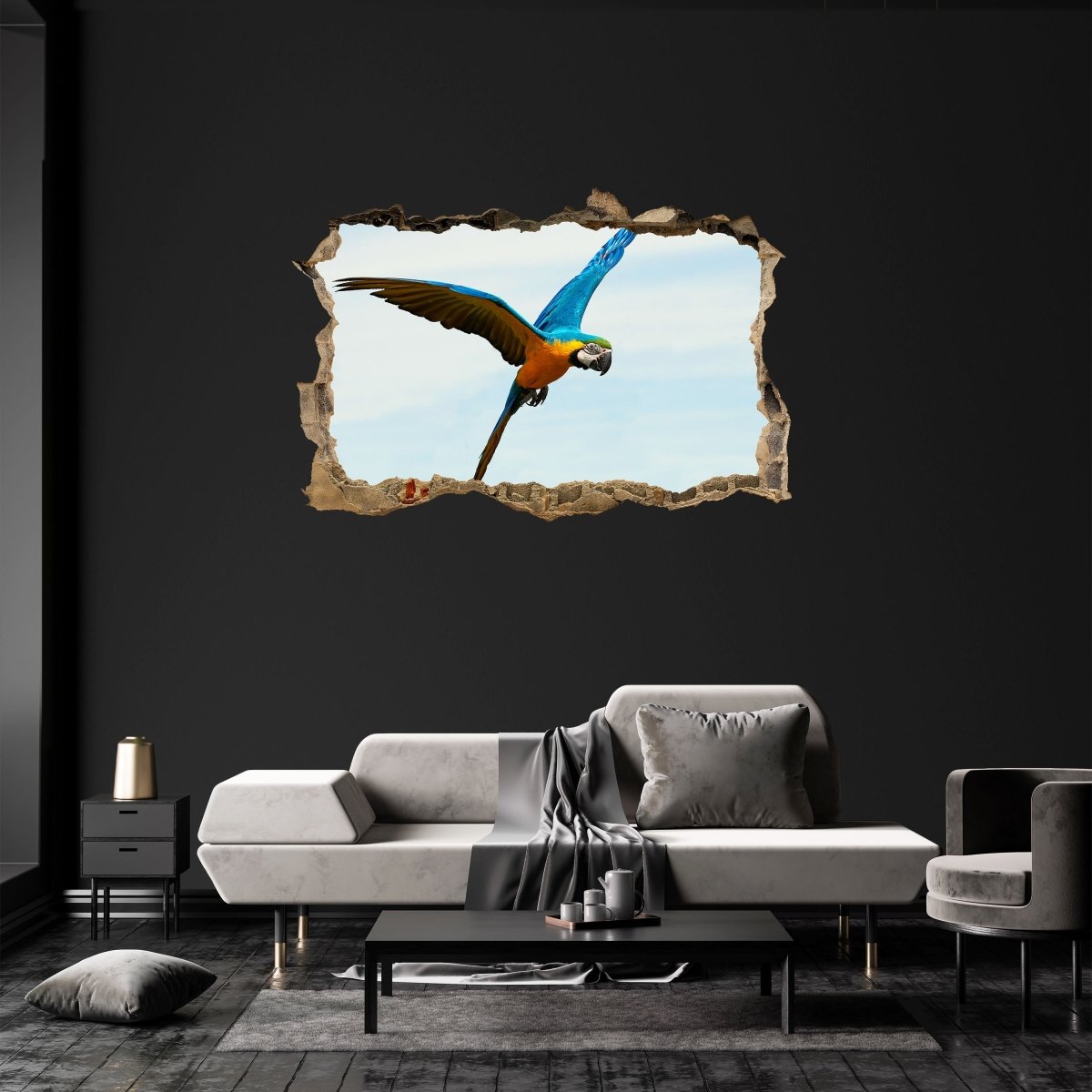 Sticker mural 3D perroquet en vol animal oiseau bleu jaune - Sticker mural M1242