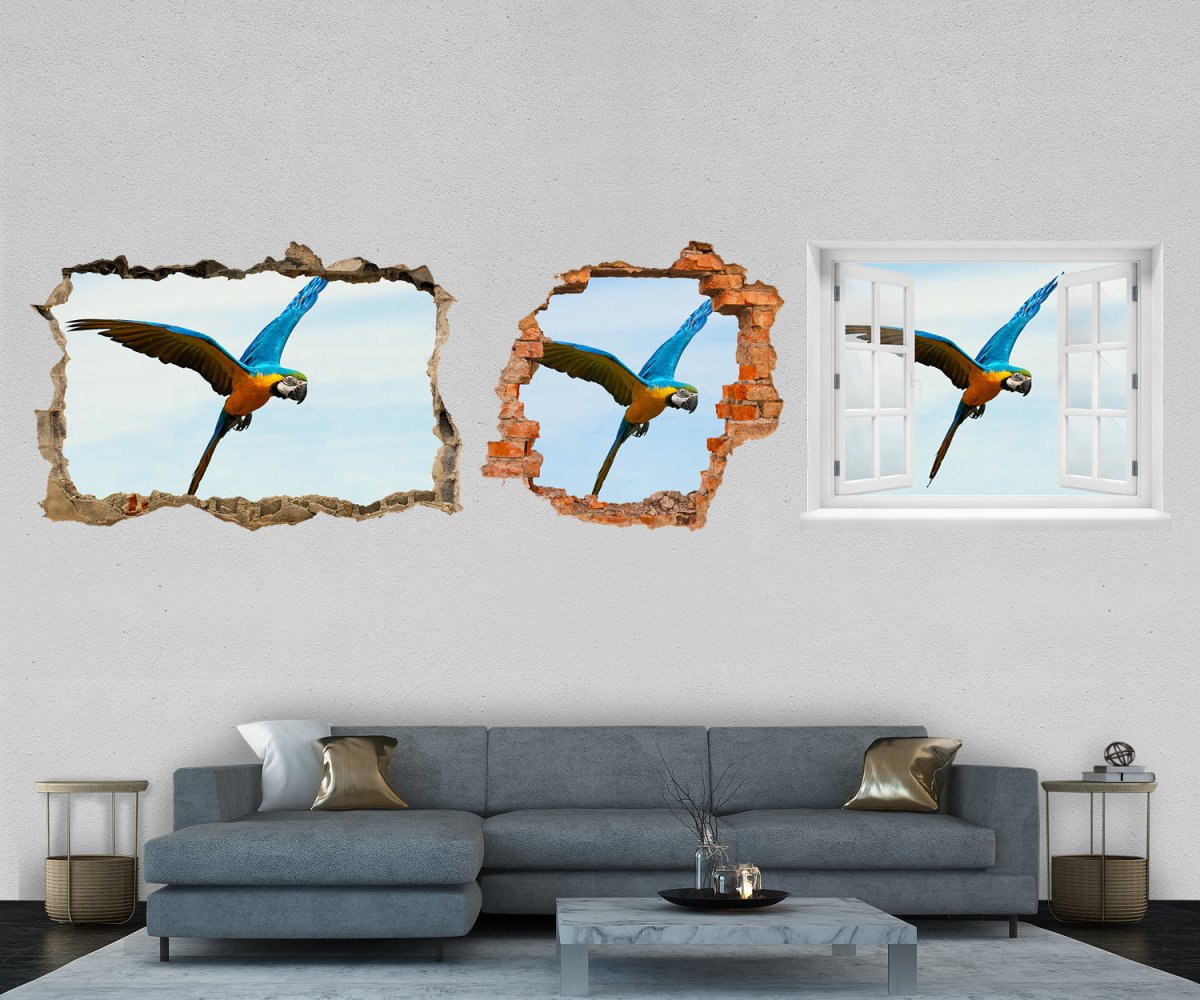 3D-Wandtattoo Papagei im Flug, Blau, Gelb, Vogel, Tier entdecken - Wandsticker M1242 - Bild 1