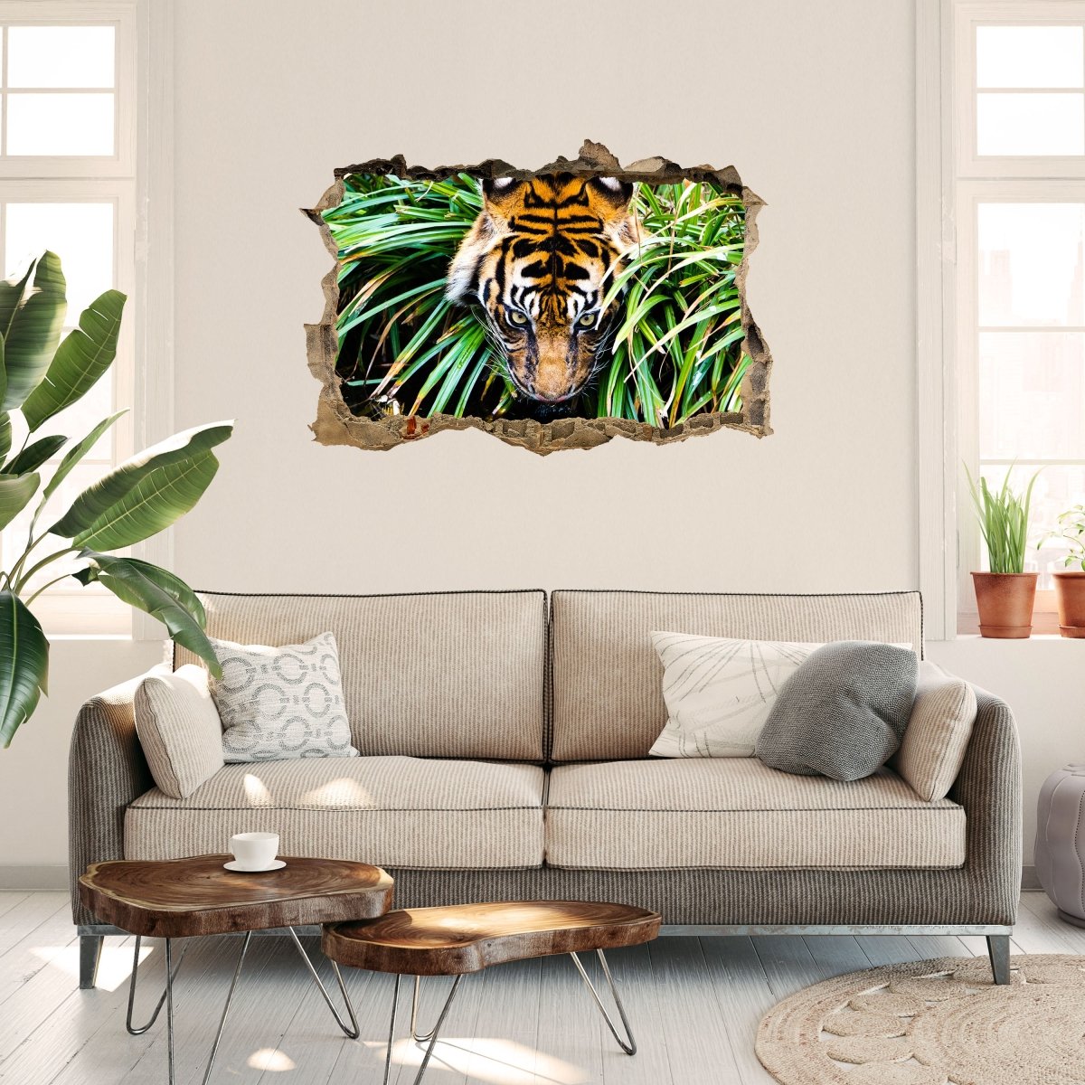 Sticker mural 3D buvant tigre, eau, jungle - Sticker mural M1244