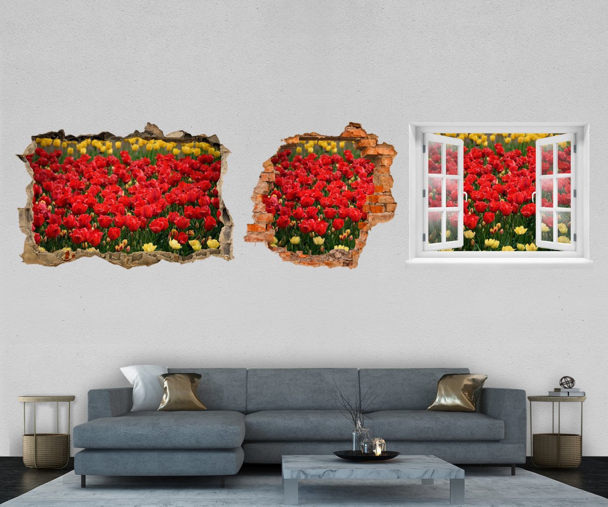 3D-Wandtattoo Tulpen Feld, Rot, Gelb, Blumen, Blüten entdecken - Wandsticker M1246 - Bild 1