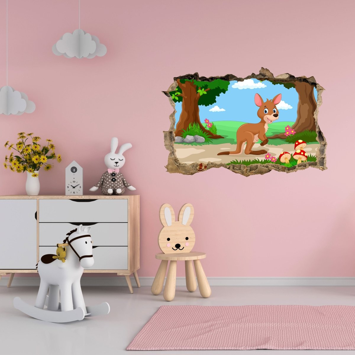 Sticker mural 3D kangourou comique, arbres, champignons, découverte motif  enfant - sticker mural M1248