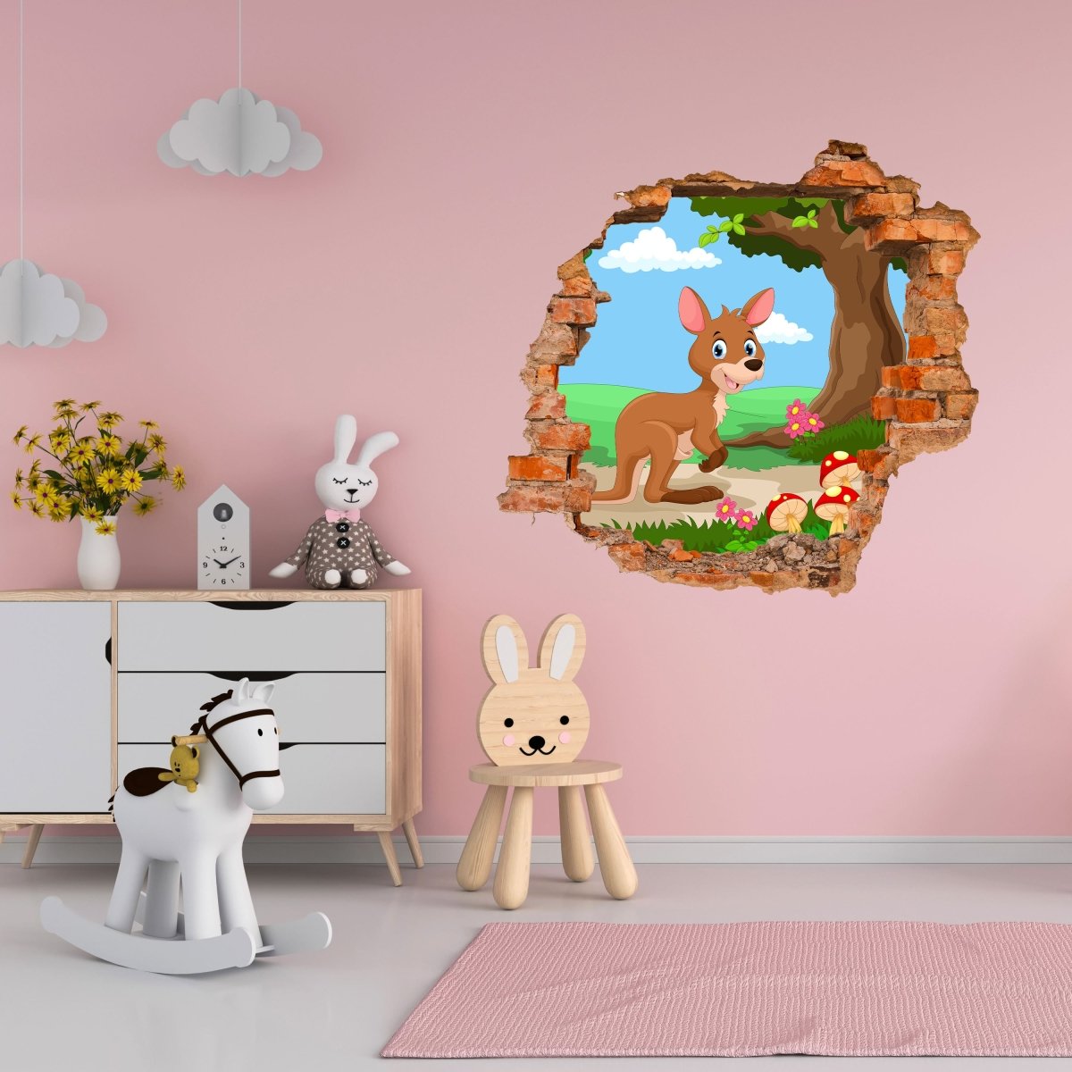 Sticker mural 3D kangourou comique, arbres, champignons, motif enfant - Wall Decal M1248