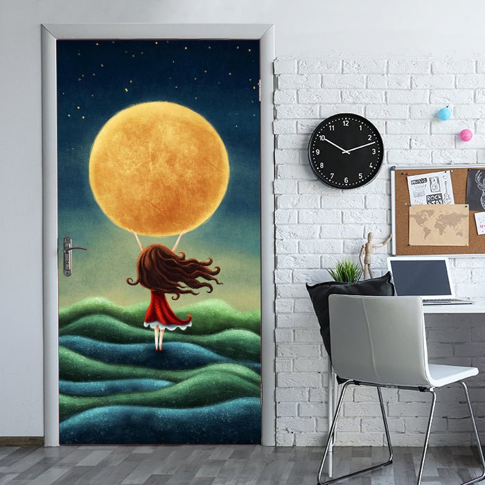 Türtapete Mädchen hält Mond, Felder, Nachthimmel M1263 - Bild 1