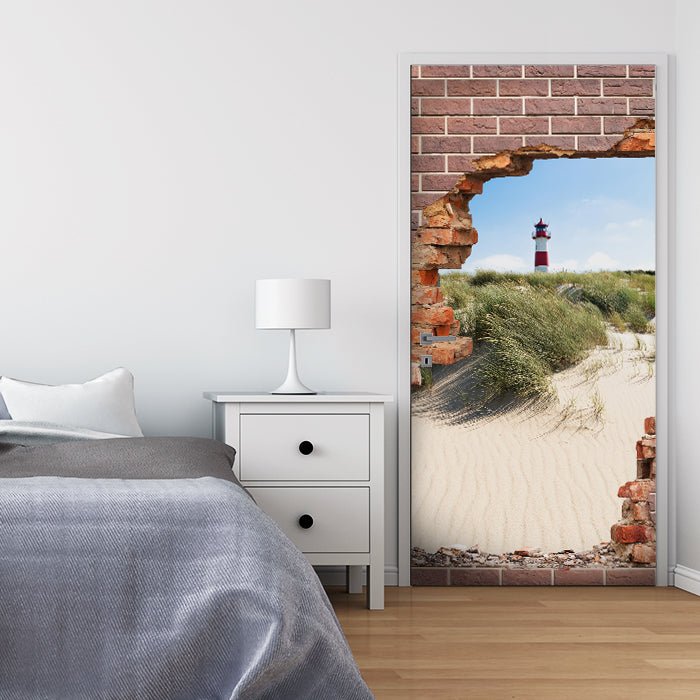 Türtapete 3D Backstein, Leuchtturm, Strand, Düne M1276 - Bild 1