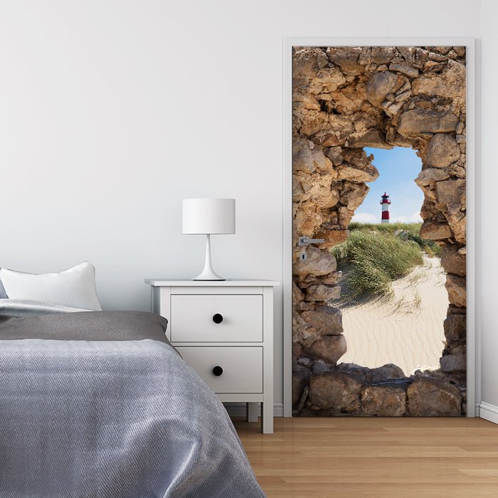 Türtapete 3D Naturstein, Leuchtturm, Strand, Düne M1278 - Bild 1