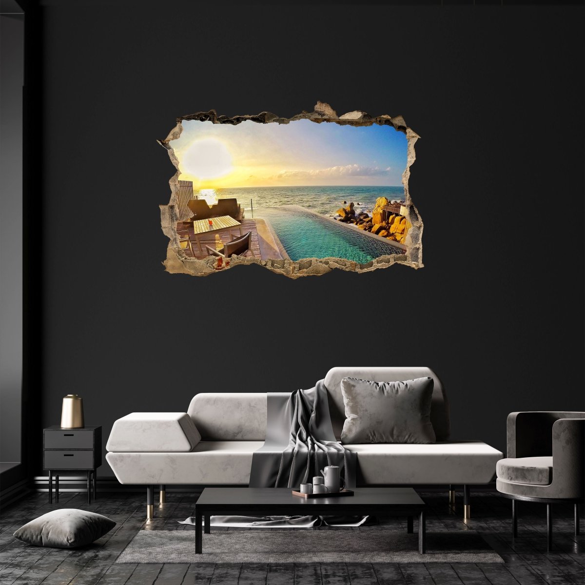Sticker mural 3D terrasse &amp; piscine bord de mer, soleil, rochers - Wall Decal M1279