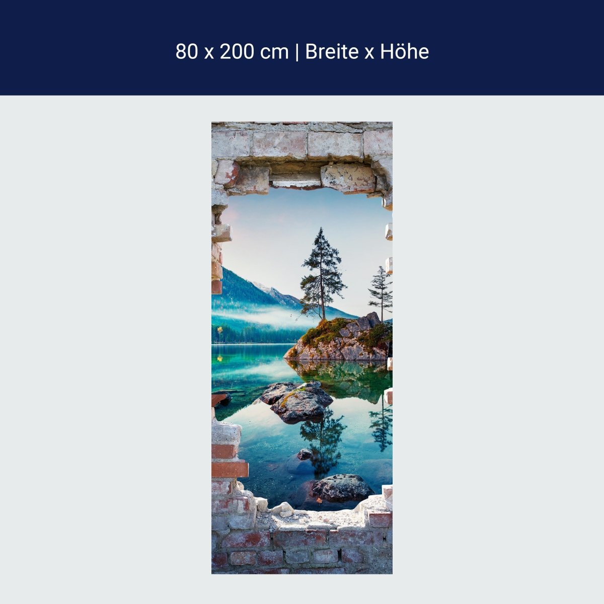 Door wallpaper 3D brick, lake, mountains, trees, rocks M1280