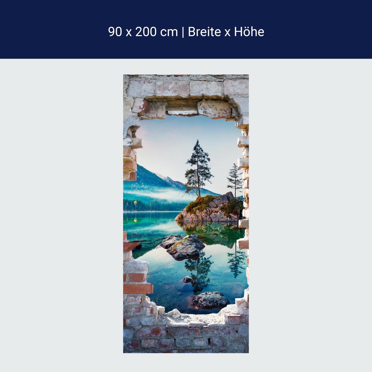 Door wallpaper 3D brick, lake, mountains, trees, rocks M1280