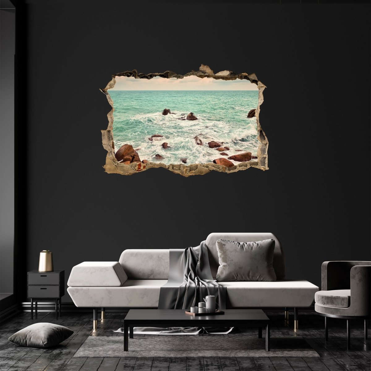 Sticker mural 3D surf en mer, rochers, cailloux, océan - Sticker mural M1280