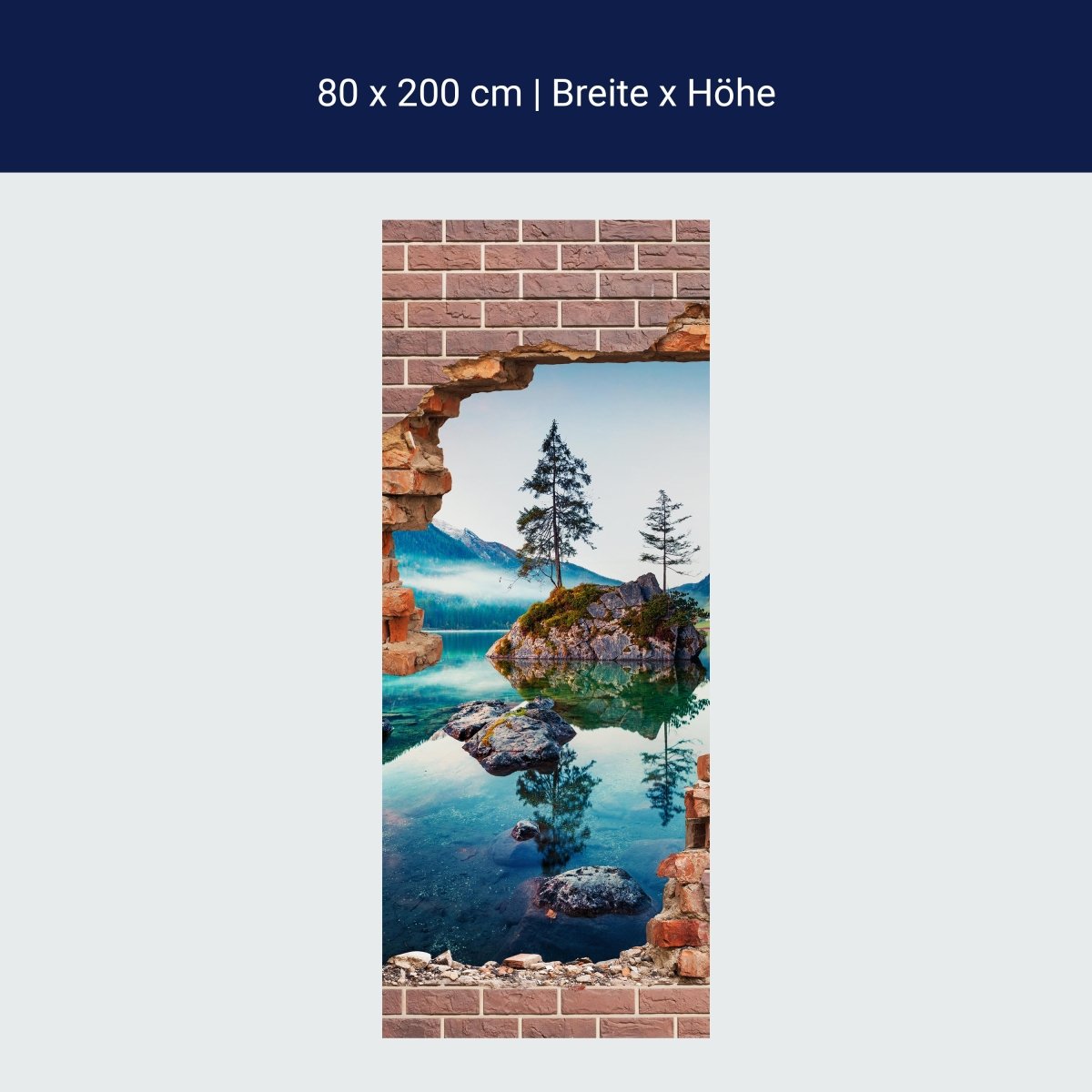 Door wallpaper 3D brick wall lake mountain tree rock M1281
