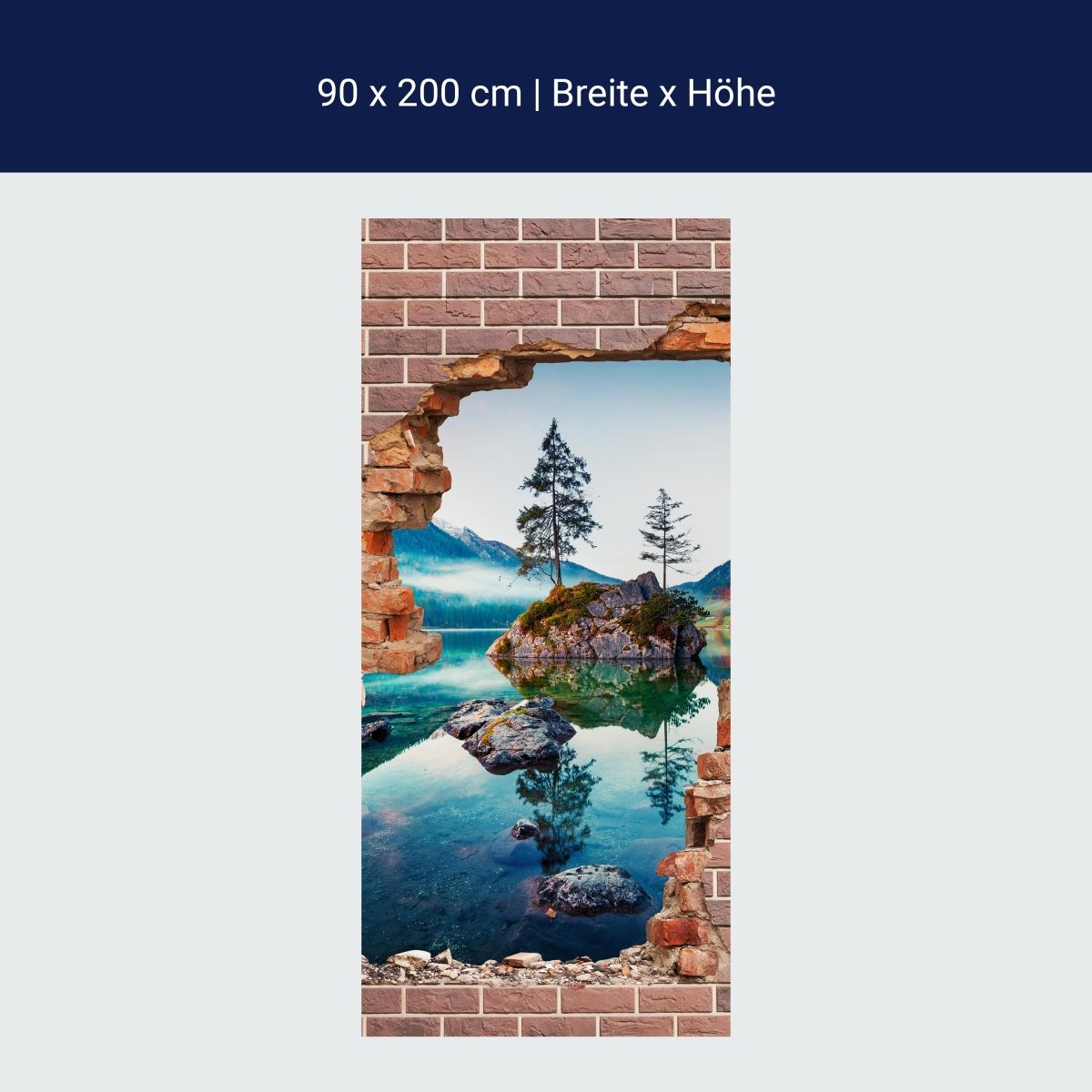 Door wallpaper 3D brick wall lake mountain tree rock M1281