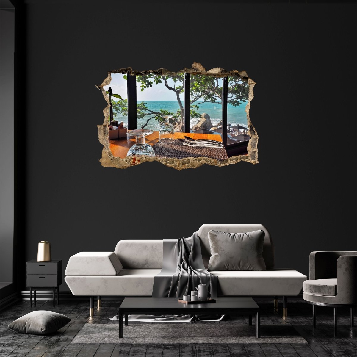 Sticker mural 3D tableau vue mer, arbre, rochers, mer - sticker mural M1282