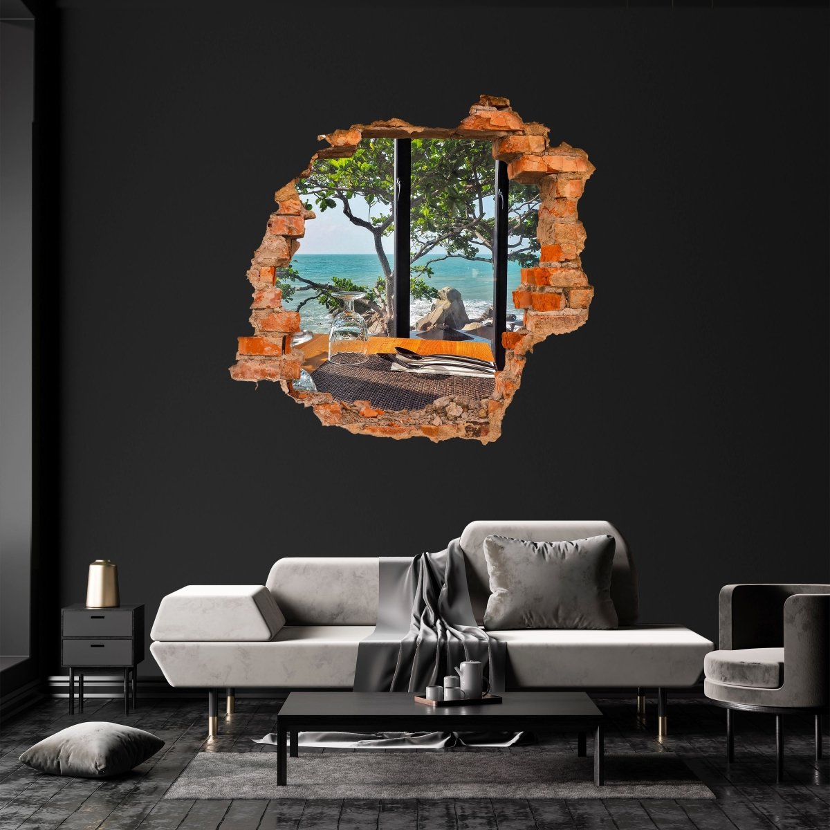 3D-Wandsticker Tisch mit Meerblick, Baum, Felsen, Meer - Wandtattoo M1282