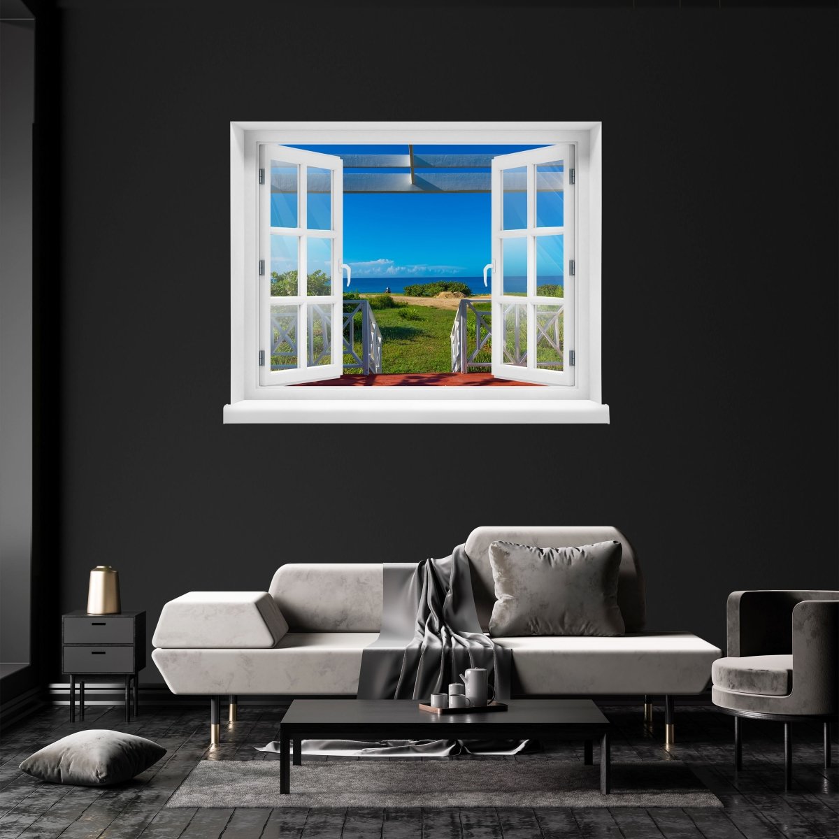 3D wall sticker veranda with sea view, meadow, sea - wall decal M1283