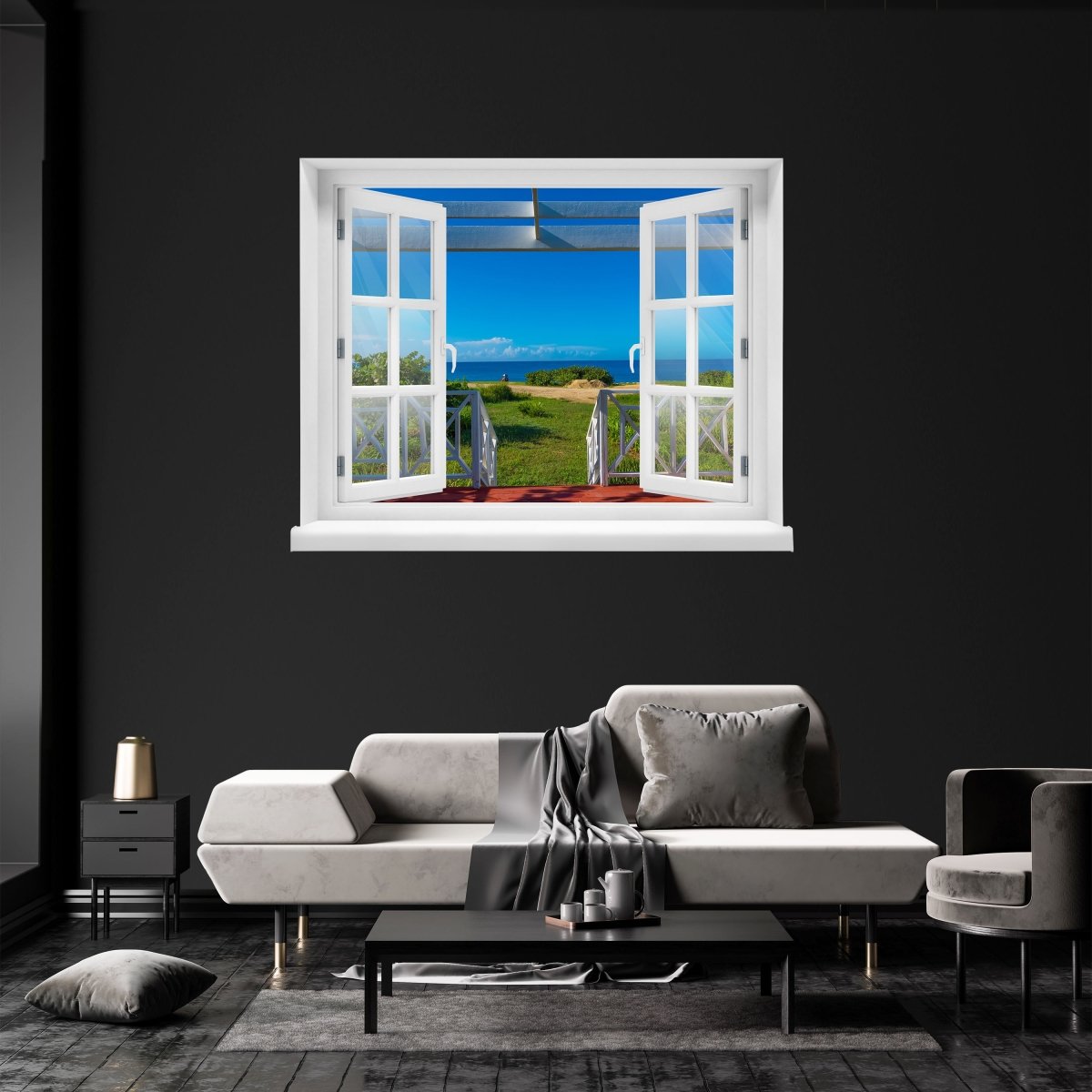 3D-Wandsticker Veranda mit Meerblick, Wiese, Meer - Wandtattoo M1283