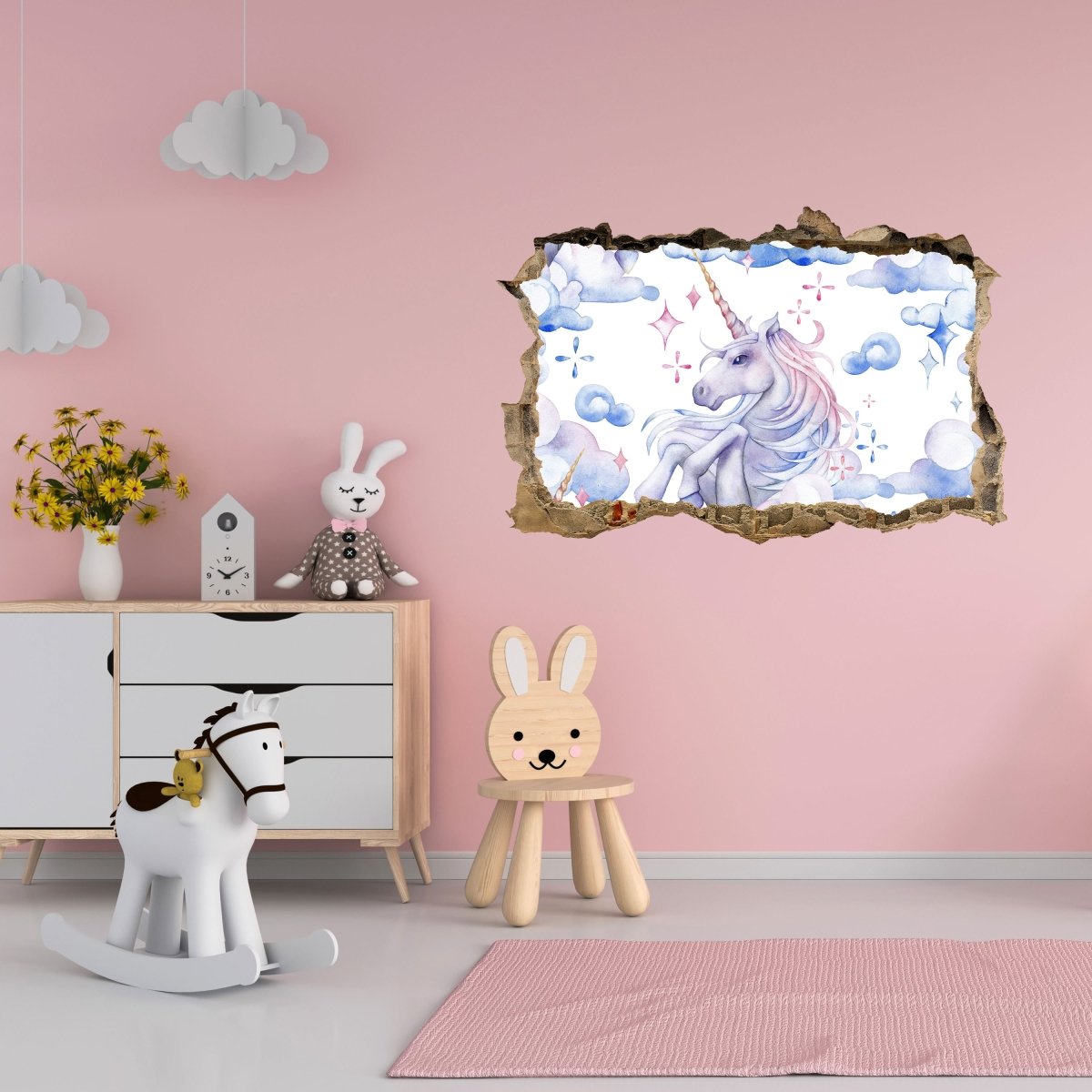 Sticker mural 3D aquarelle licorne, nuages, paillettes, cheval - Wall Decal M1289