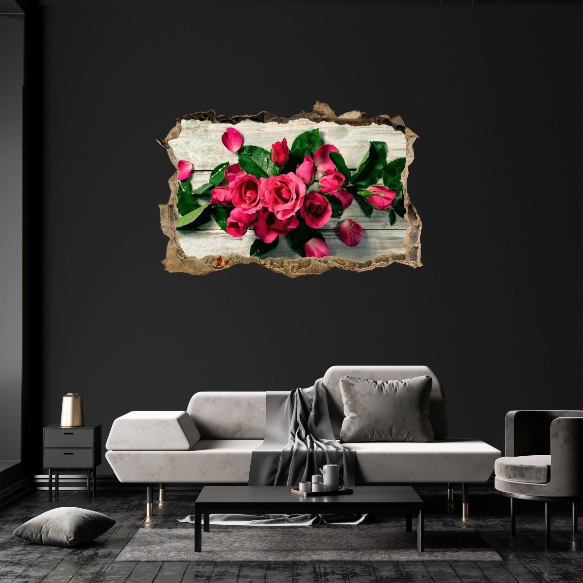 Découvrez le sticker mural 3D roses sur table, rose rouge, fleur, vert - sticker  mural M1297