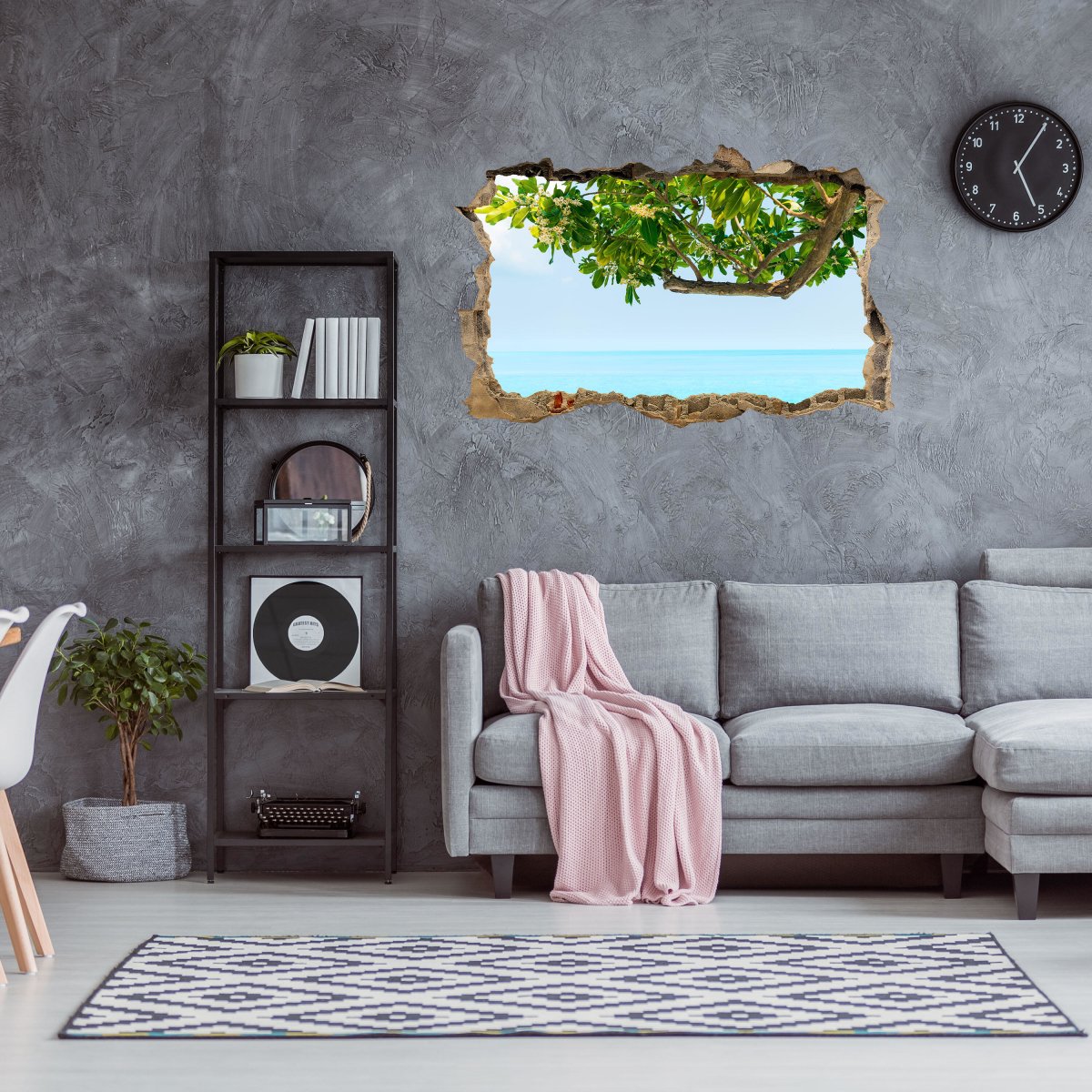Sticker mural 3D arbre &amp; mer, feuilles, soleil, bleu, île - Wall Decal M1303