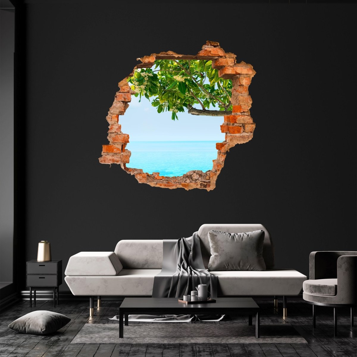 3D wall sticker tree &amp; sea, leaves, sun, blue, island - Wall Decal M1303