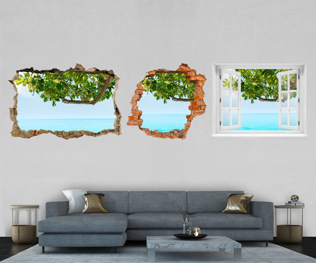 3D-Wandtattoo Baum & Meer, Blätter, Sonne, Blau, Insel entdecken - Wandsticker M1303 - Bild 1