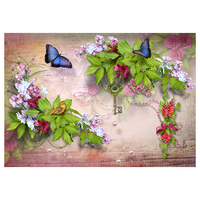 Fototapete Blumen Vogel Schmetterlinge M1304 - Bild 2