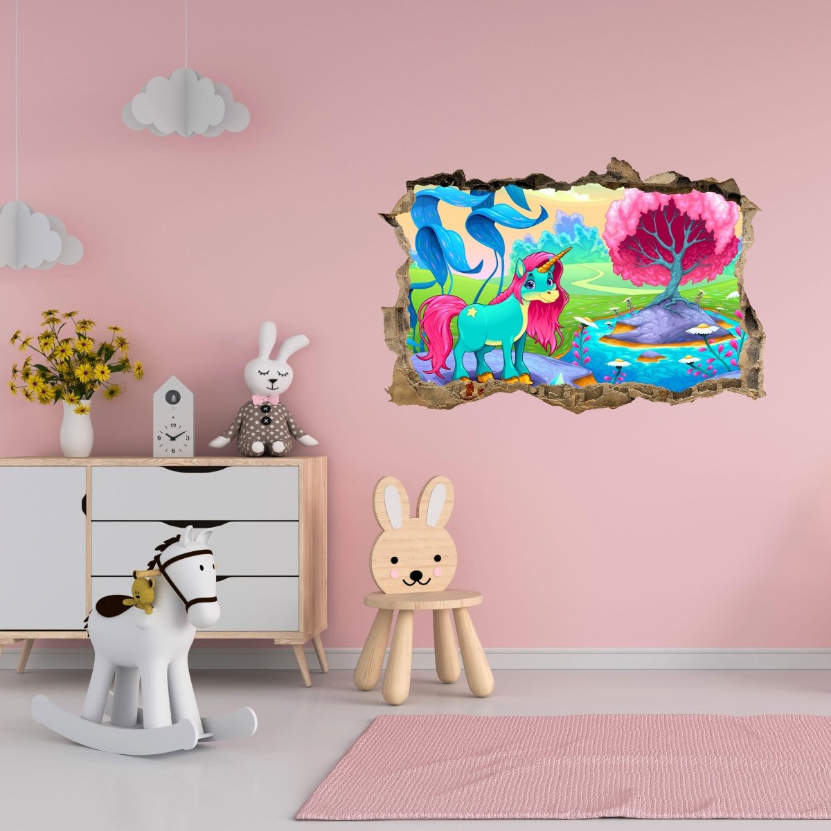 Sticker mural 3D licorne sur rocher, arbre, bande dessinée, coloré - Wall Decal M1306