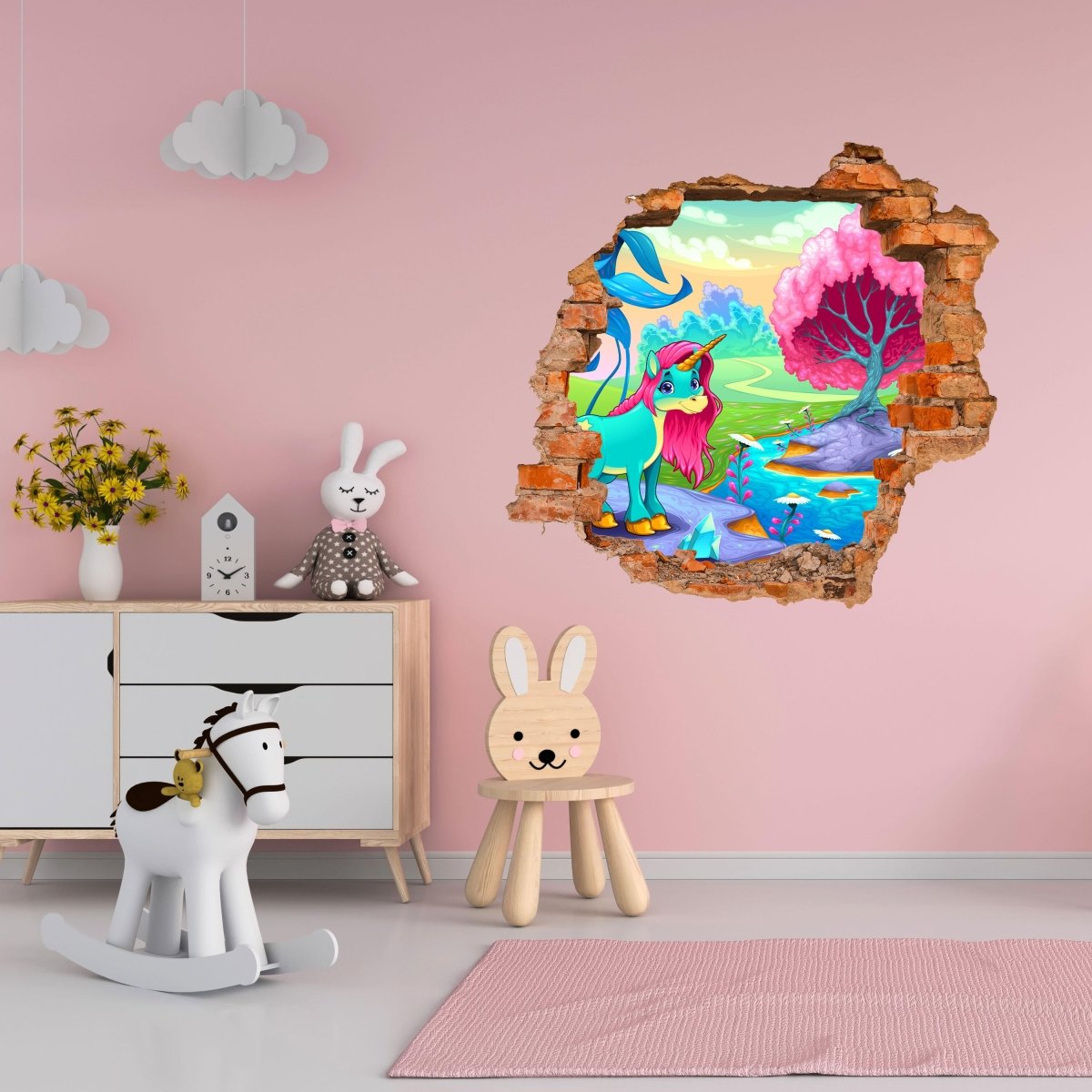 3D wall sticker unicorn on rock, tree, comic, colorful - Wall Decal M1306