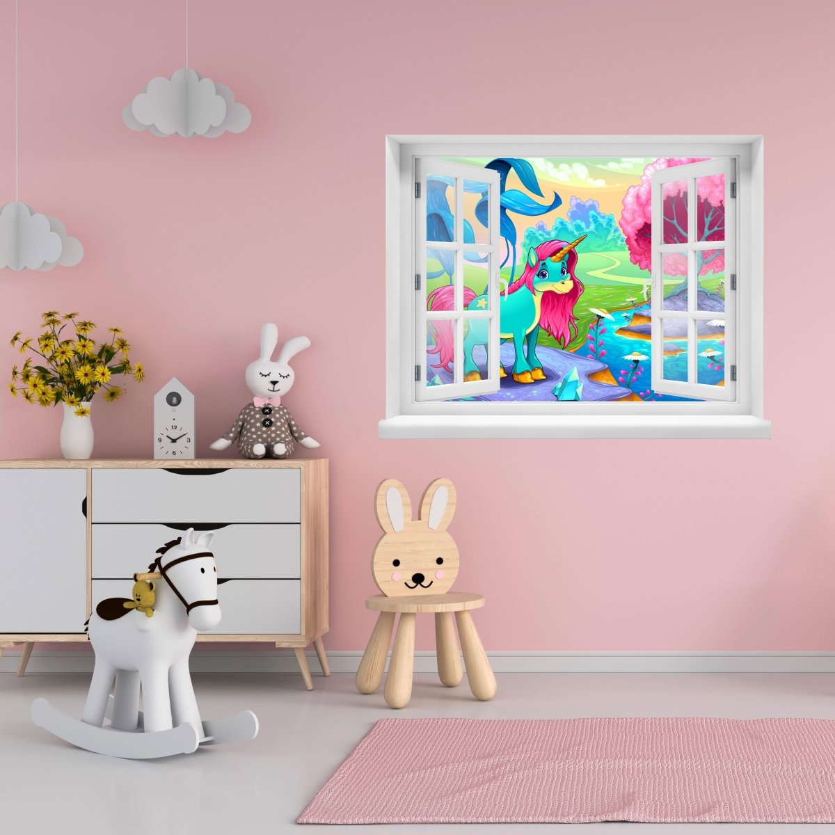 3D wall sticker unicorn on rock, tree, comic, colorful - Wall Decal M1306