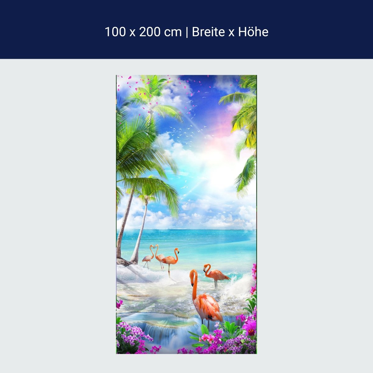 Papier peint de porte flamants roses à la mer, palmiers, eau, soleil M1309