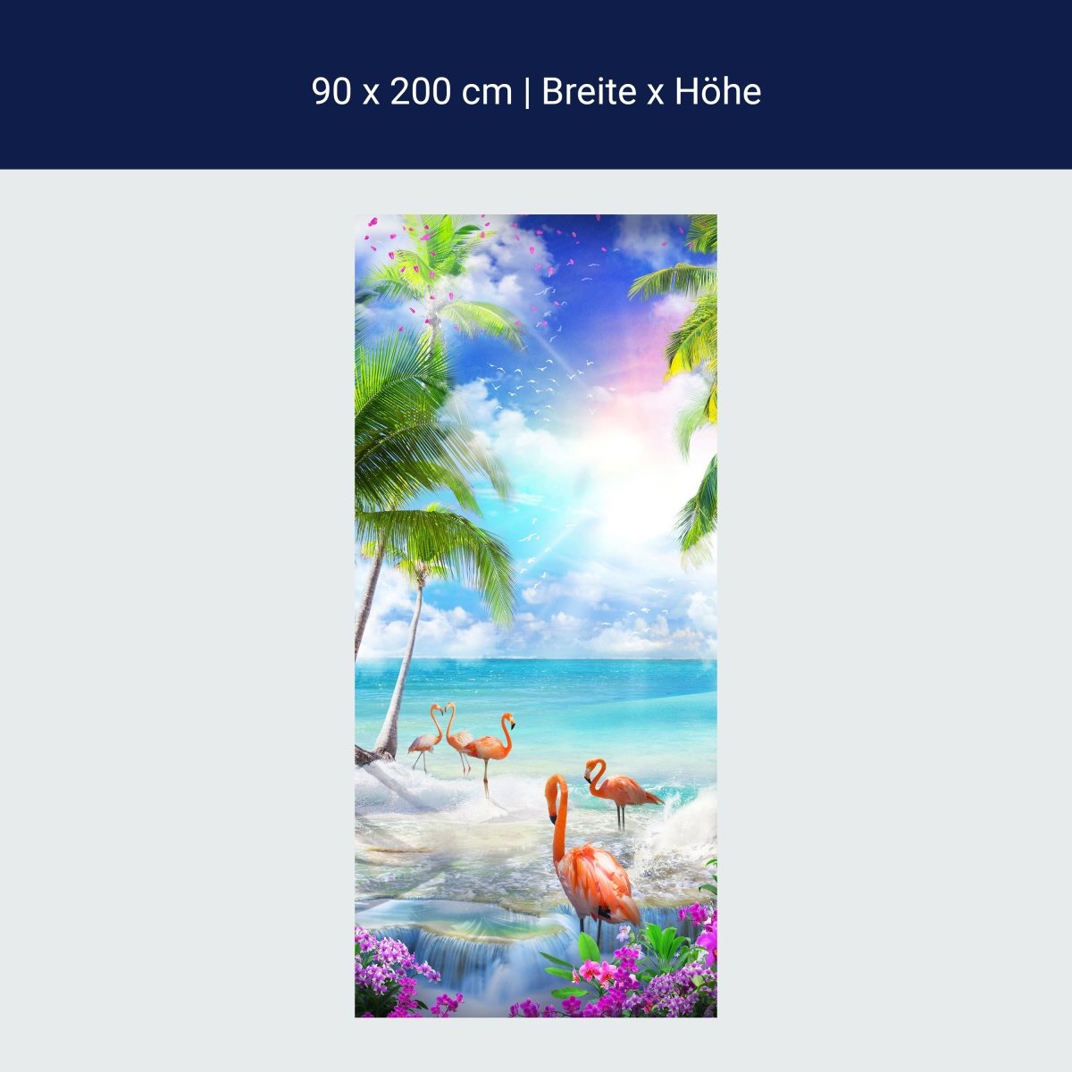 Papier peint de porte flamants roses à la mer, palmiers, eau, soleil M1309