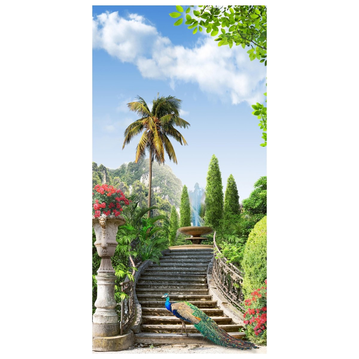 Türtapete Pfau auf Treppe, Palmen, Springbrunnen M1329 - Bild 2
