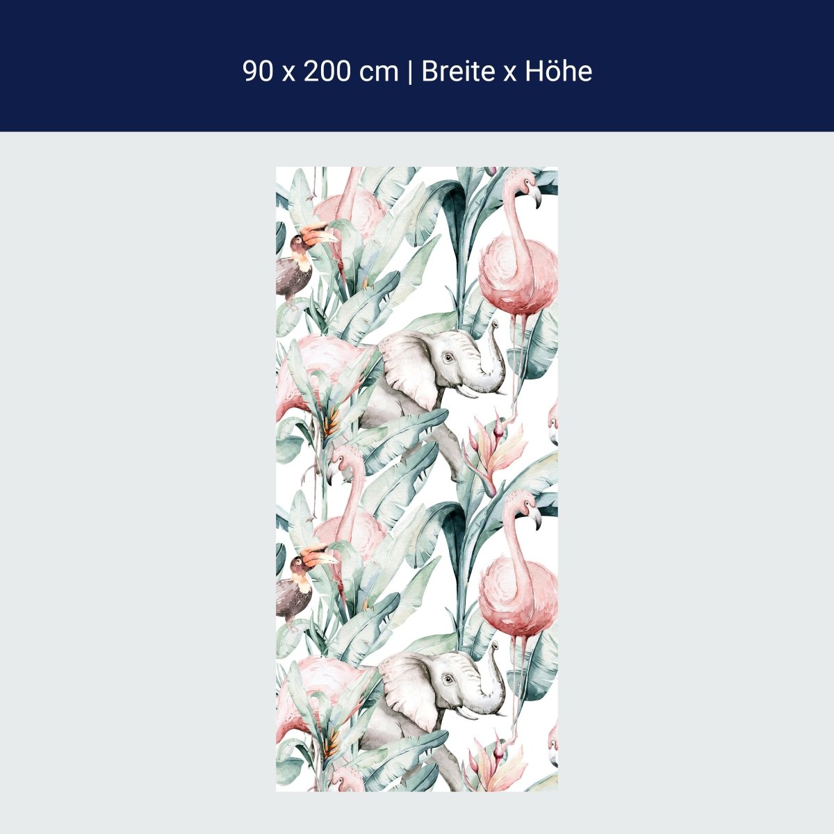 Papier peint de porte motif éléphants &amp; flamants roses, tropical M1356