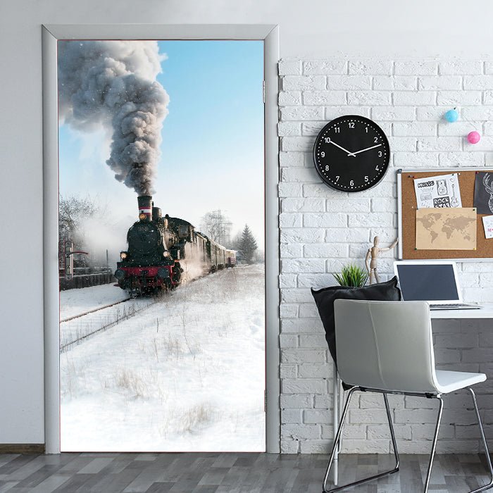 Türtapete Dampflok im Schnee, Eisenbahn, Rauch M1398 - Bild 1