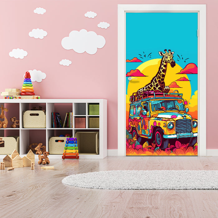 Türtapete Giraffe, Jeep, Safari, Illustration M1475 - Bild 1