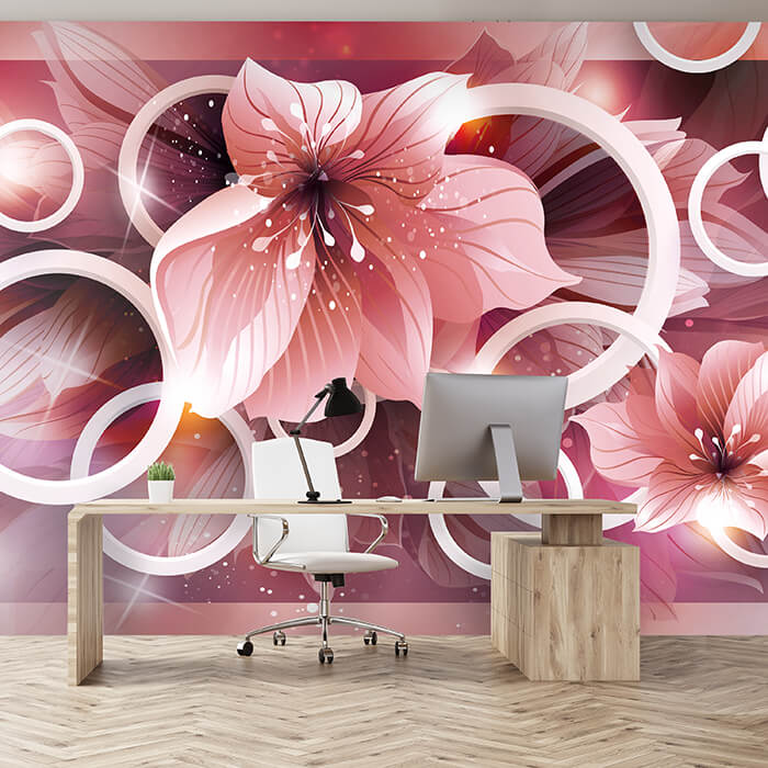 Fototapete Rosa Blumen 3D Kreise Blättern Glitzern M4430 - Bild 1