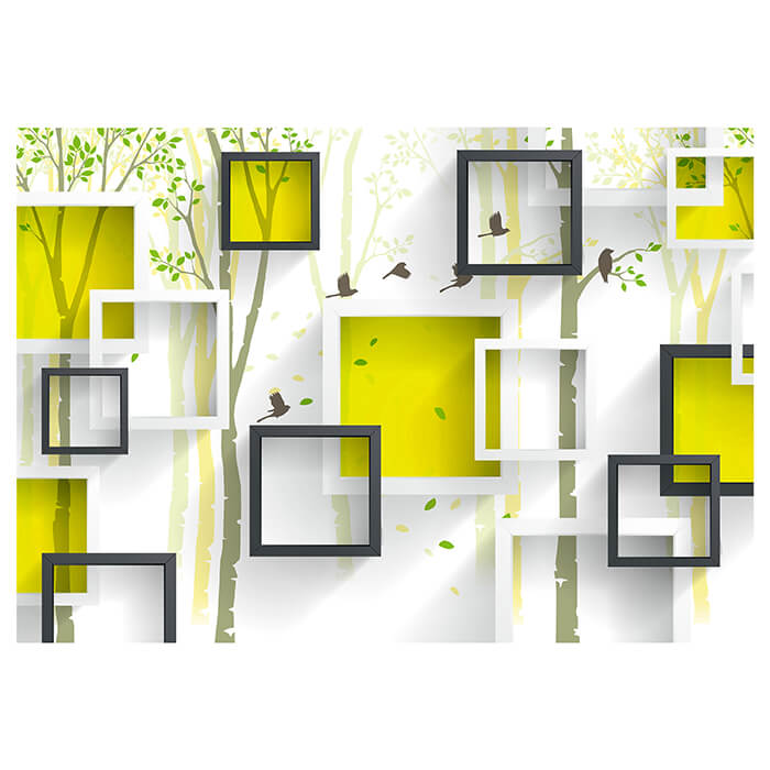 Fototapete Abstrakt gelb Fenster grün Wald Vögel M4492 - Bild 2