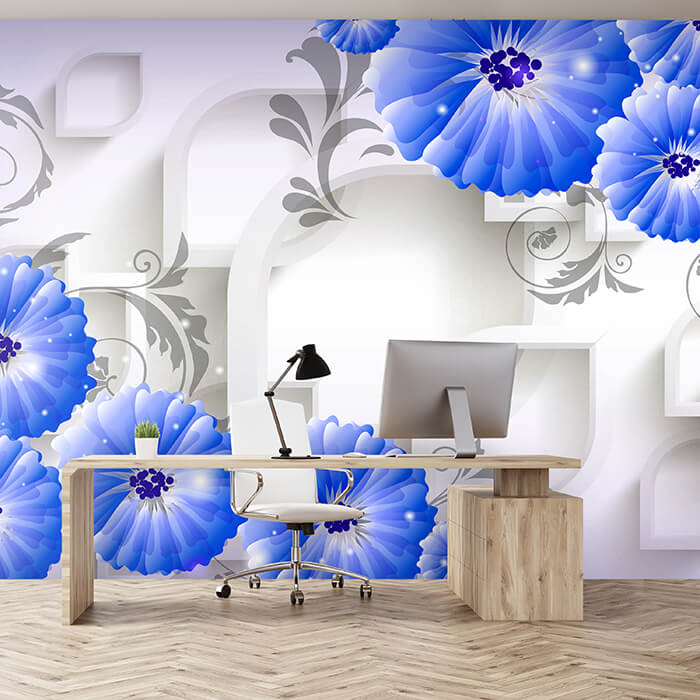 Fototapete Blau Blumen Ornamenten 3D Formen M4512 - Bild 1