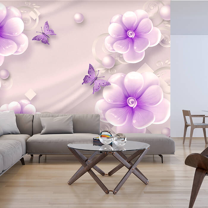 Fototapete Violett Blumen Schmetterlinge Seide M5229 - Bild 1