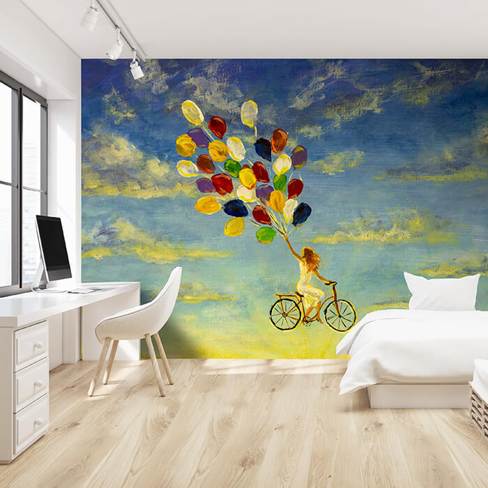 Fototapete Gemälde Frau mit Luftballons auf Fahrrad M5996 - Bild 1